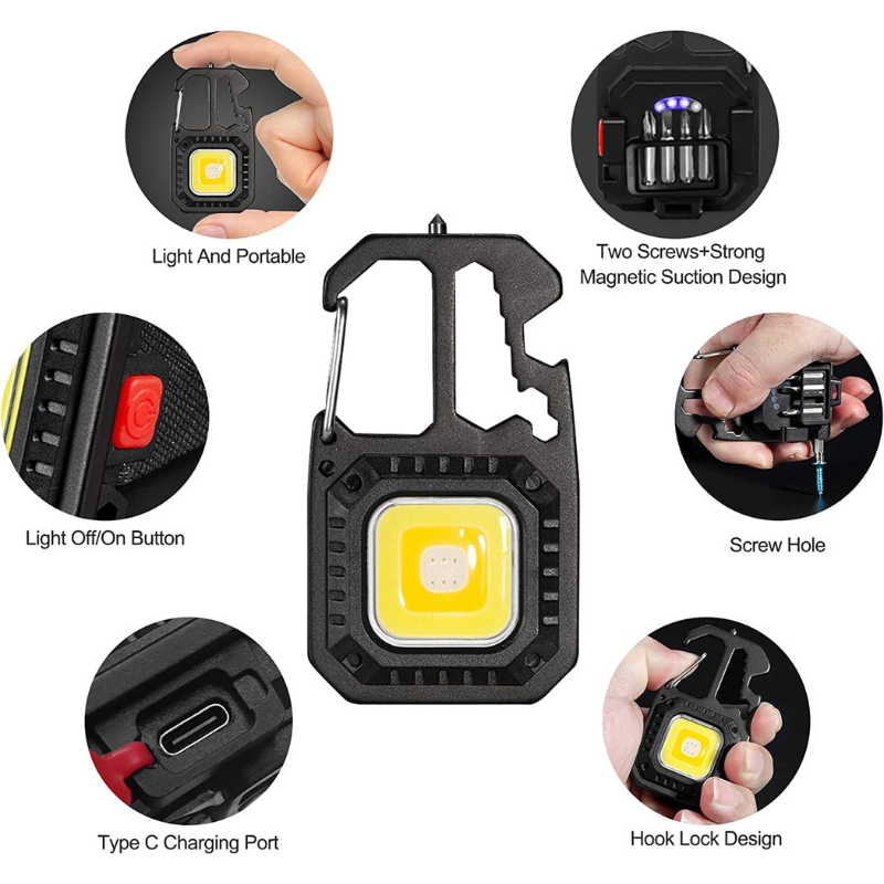 Torcia Led COB portatile multiuso con rompivetro, cacciavite con 4 punte, apribottiglie, luce fredda, luce calda e emergenza