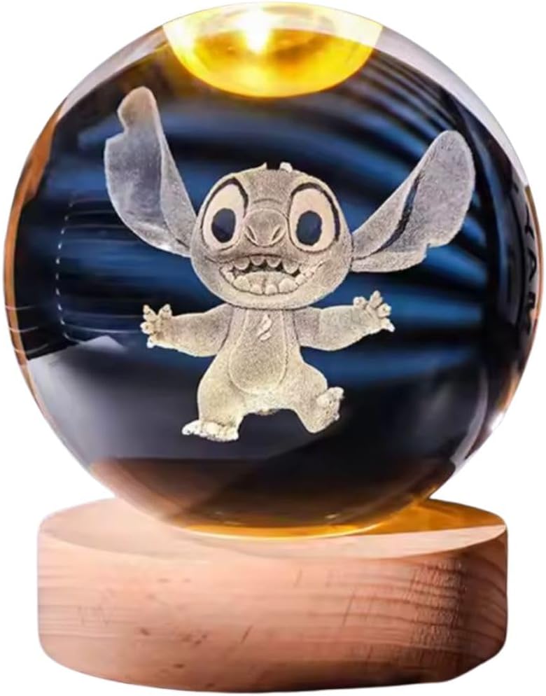 Sfera luminosa led Stitch RGB colorato modello Smorfia simpatica con telecomando, sfera cristallo grande 8cm, con base e luce a led USB colorato, con interruttore, luce notturna, confezione regalo inclusa