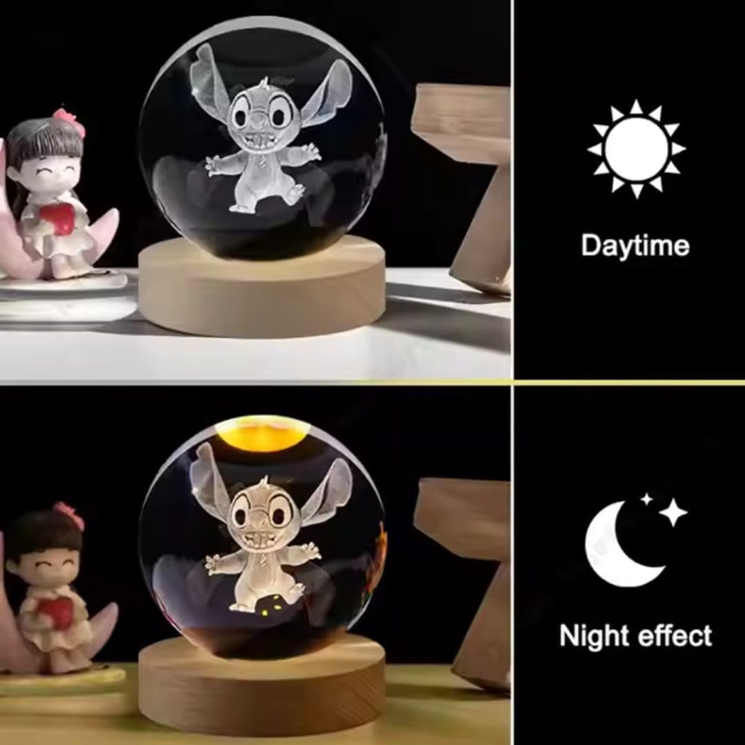 Sfera luminosa led Stitch RGB colorato modello Smorfia simpatica con telecomando, sfera cristallo grande 8cm, con base e luce a led USB colorato, con interruttore, luce notturna, confezione regalo inclusa