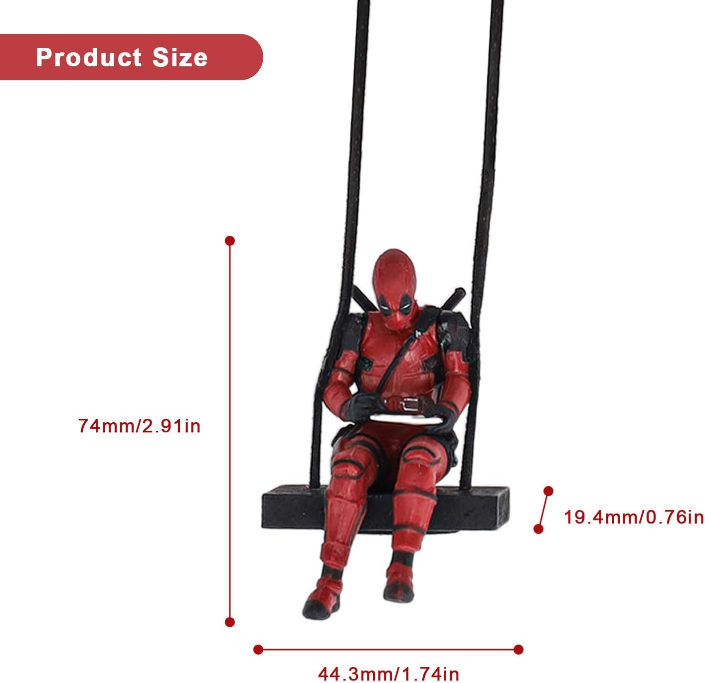 Personaggio Deadpool sull'altalena che scrive, ciondolo per auto o allestimento, laccetto incluso