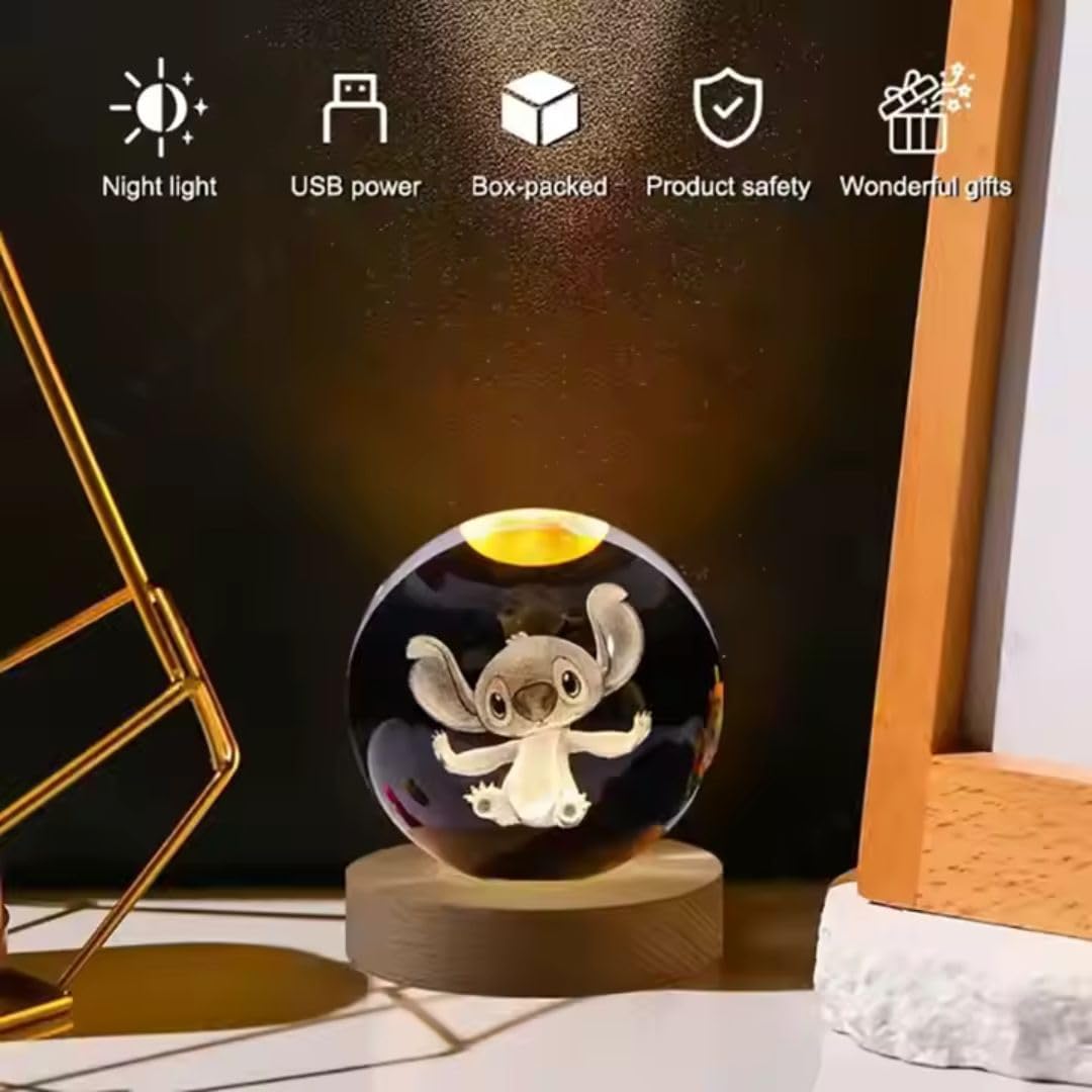 Sfera luminosa led Stitch RGB colorato modello seduto con occhioni dolci con telecomando, sfera cristallo grande 8cm, con base e luce a led USB colorato, con interruttore, luce notturna, confezione regalo inclusa
