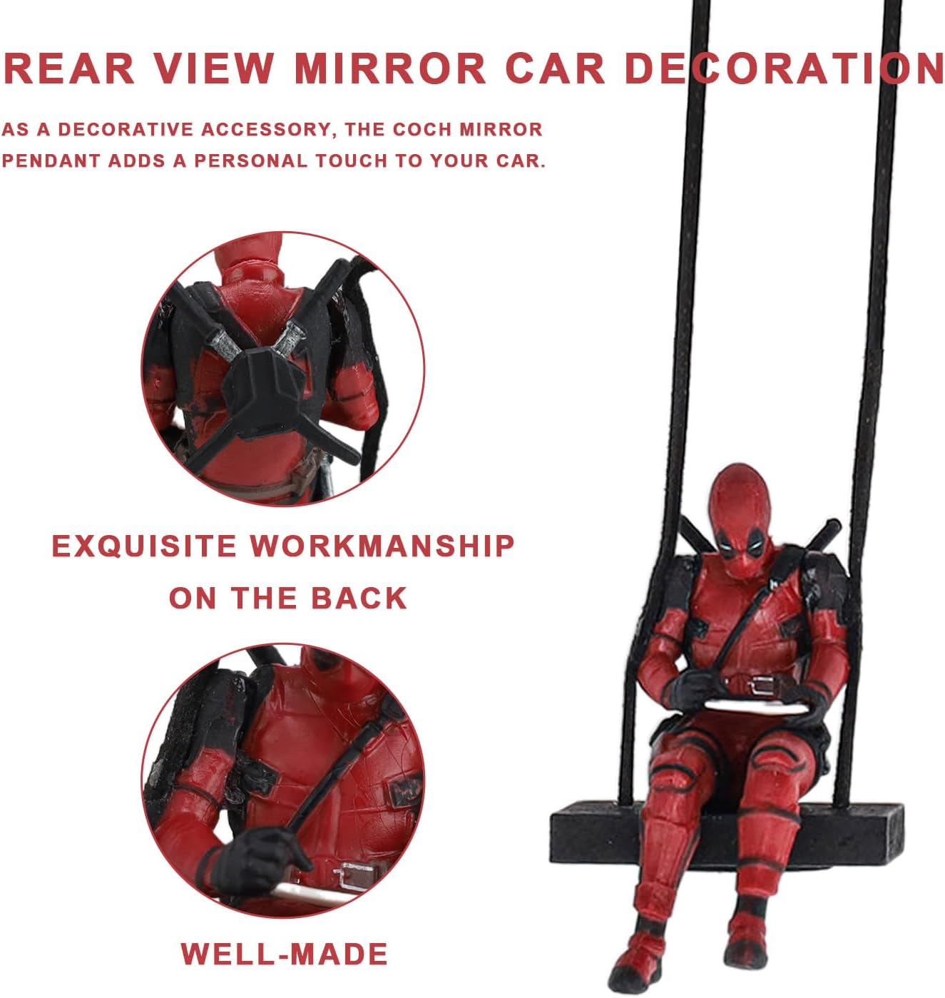 Personaggio Deadpool sull'altalena che scrive, ciondolo per auto o allestimento, laccetto incluso