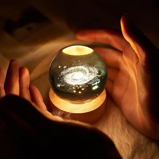 Lampada Galassia 3D sfera di cristallo grande, con base e luce a led USB, confezione regalo inclusa