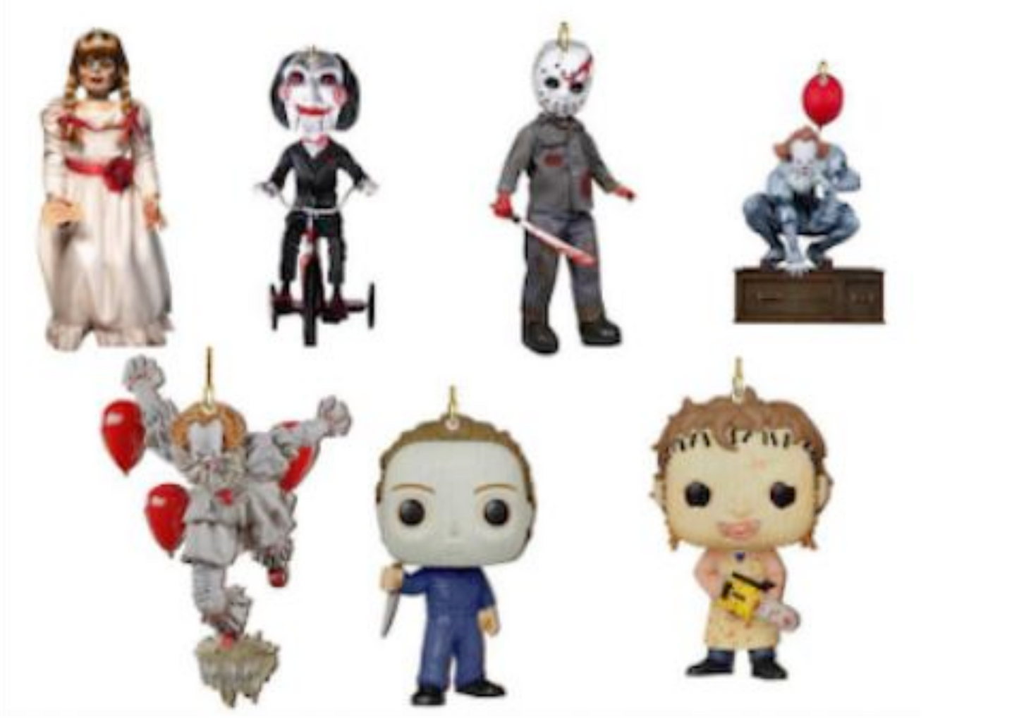 Addobbi natalizi dei film horror, It, Saw, Annabelle, con vari personaggi, piastre in 2d, con laccetto incluso