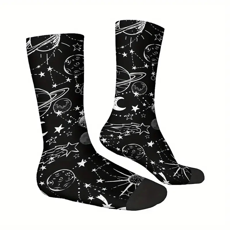 Calzini sistema solare socks Luna, Sole, stelle, costellazioni in bianco e nero, Saturno stampa personalizzata per idee regalo unisex