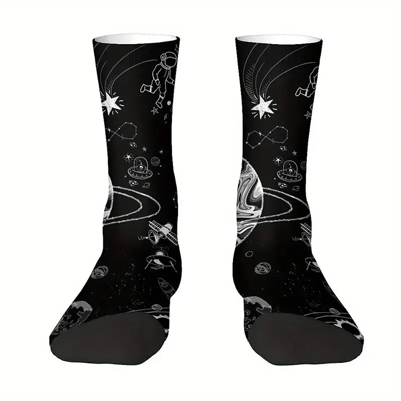 Calzini Giove con Astronauta con la Terra, astronave aliena, satelliti, socks Luna, Sole, stelle, in bianco e nero, Saturno stampa personalizzata per idee regalo unisex