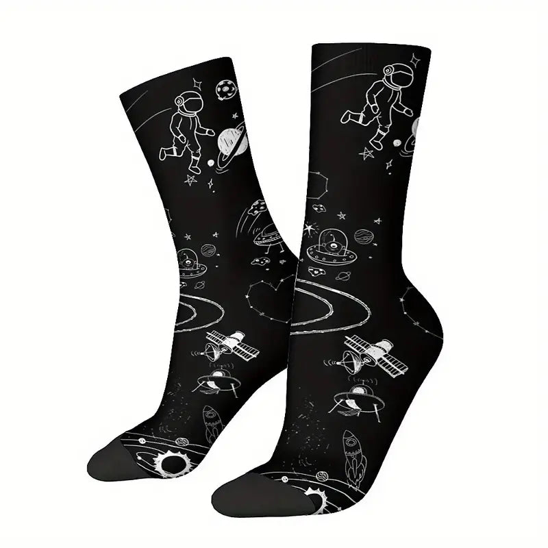 Calzini Giove con Astronauta con la Terra, astronave aliena, satelliti, socks Luna, Sole, stelle, in bianco e nero, Saturno stampa personalizzata per idee regalo unisex