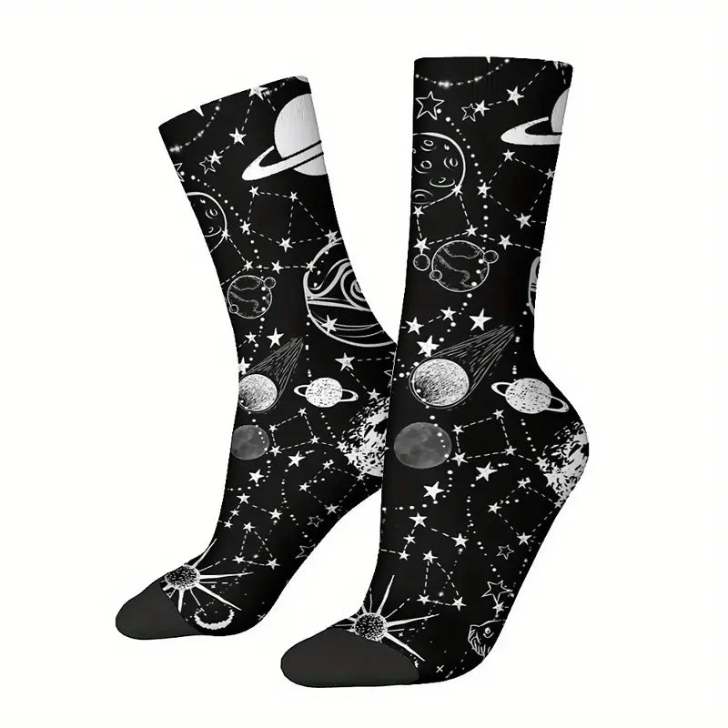 Calzini sistema solare socks Luna, Sole, stelle, costellazioni in bianco e nero, Saturno stampa personalizzata per idee regalo unisex