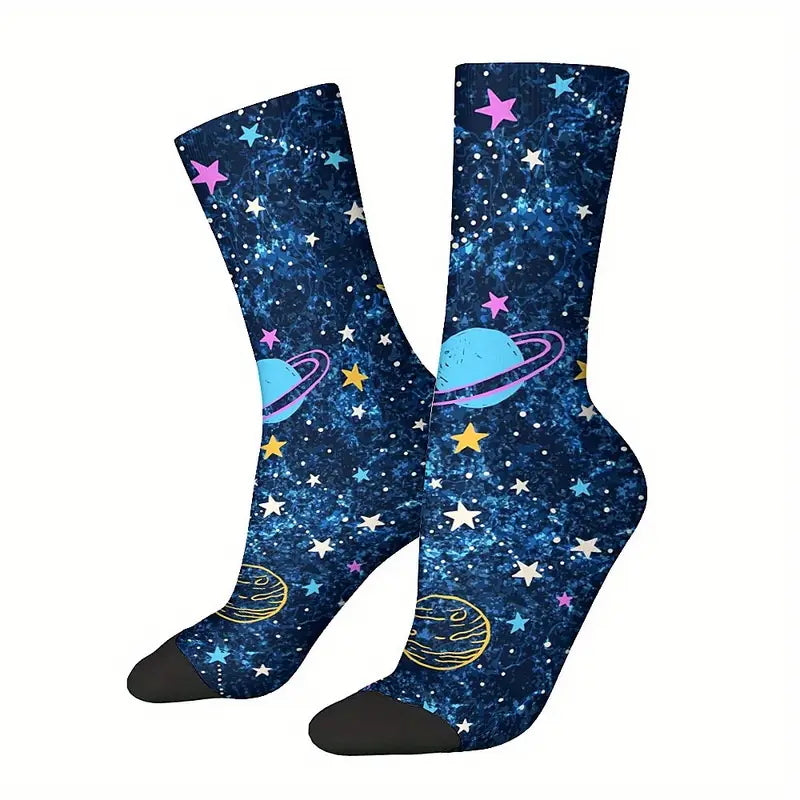 Calzini spazio colorato socks Saturno, stelle, luna, stampa personalizzata per idee regalo unisex