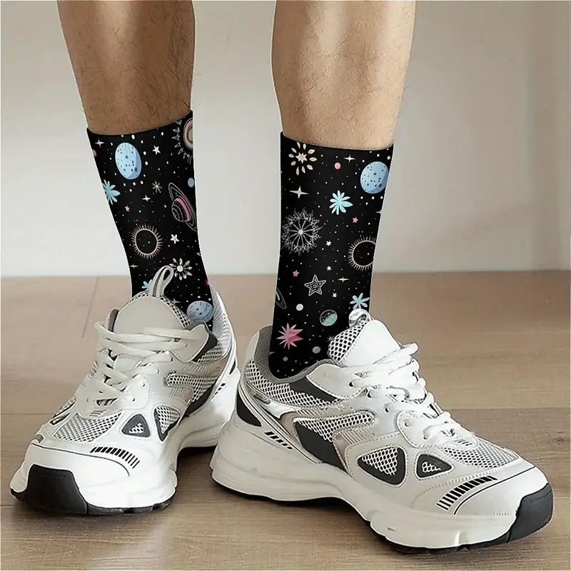 Calzini sistema solare Colorato socks Galassia con Saturno, Luna, Stelle, Sole, Spazio con stampa a colori personalizzata per idee regalo unisex