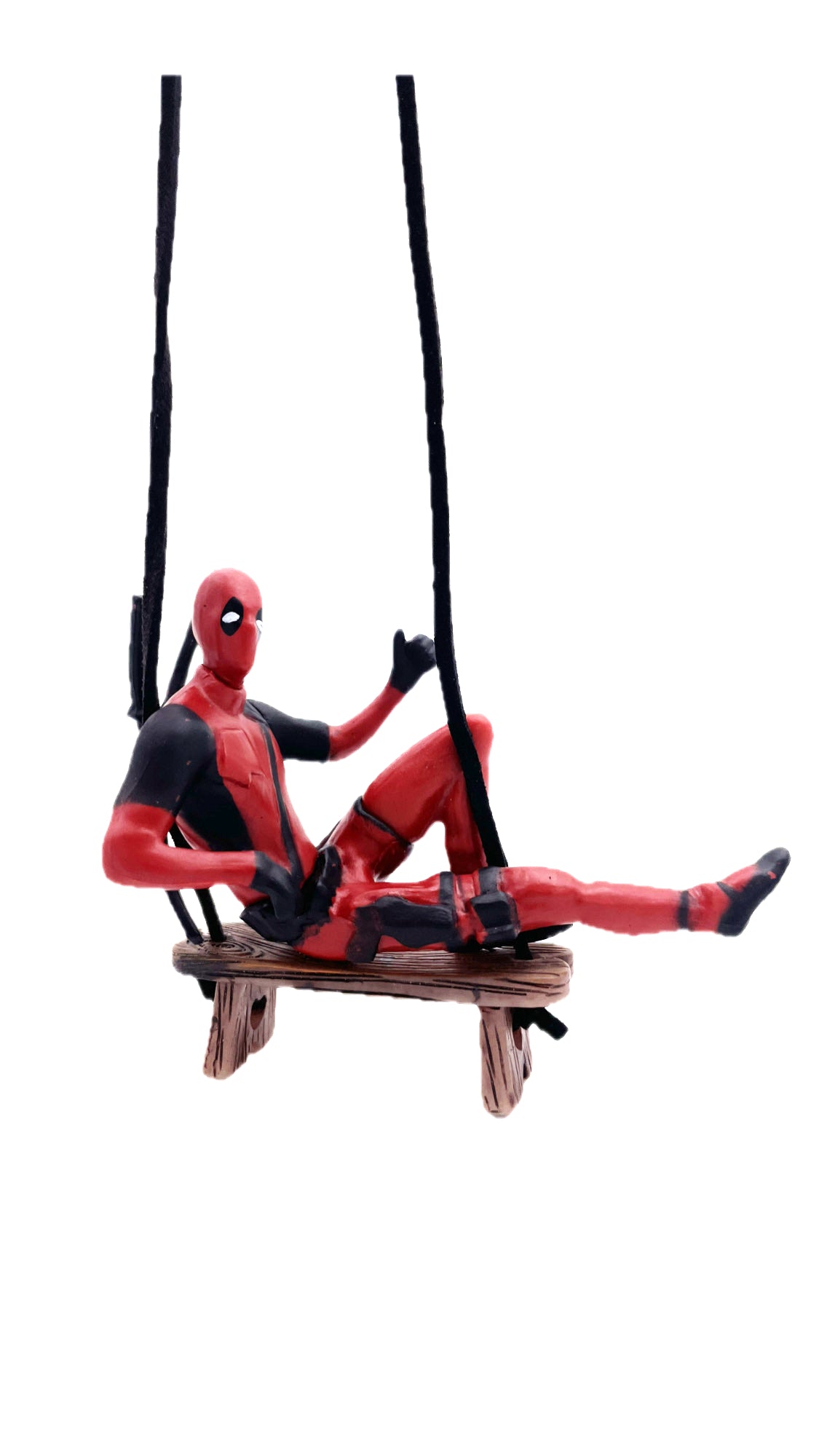 Personaggio Deadpool sull'altalena OK steso, ciondolo per auto o allestimento scrivania, laccetto incluso