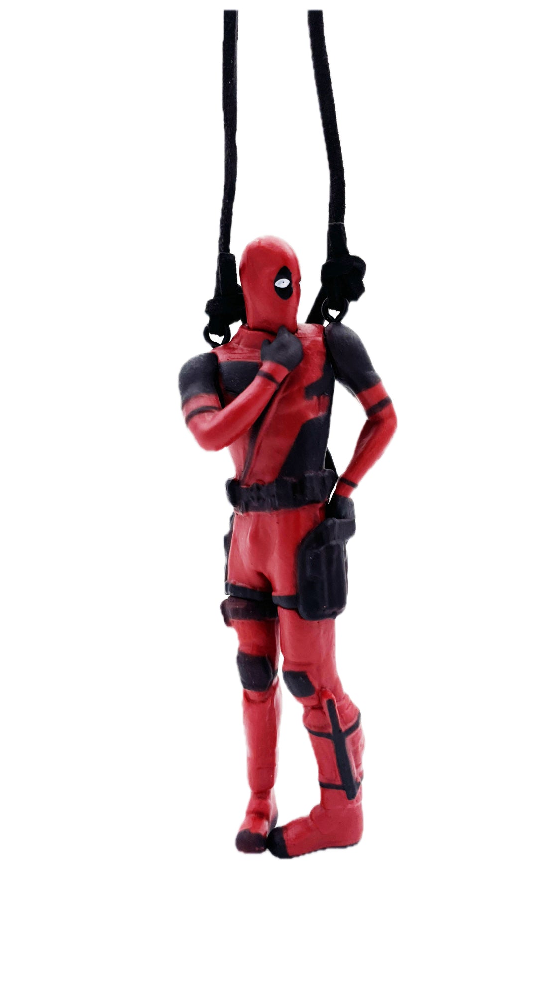 Personaggio Deadpool pensieroso all'impiedi, ciondolo per auto o allestimento, laccetto incluso