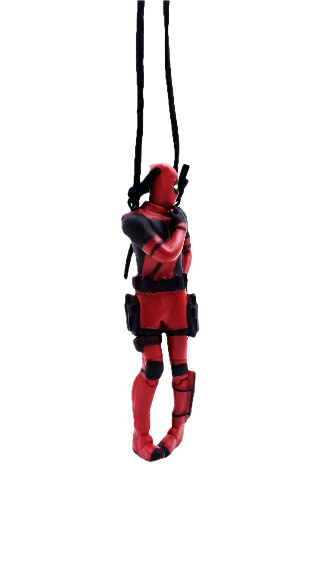 Personaggio Deadpool pensieroso all'impiedi, ciondolo per auto o allestimento, laccetto incluso