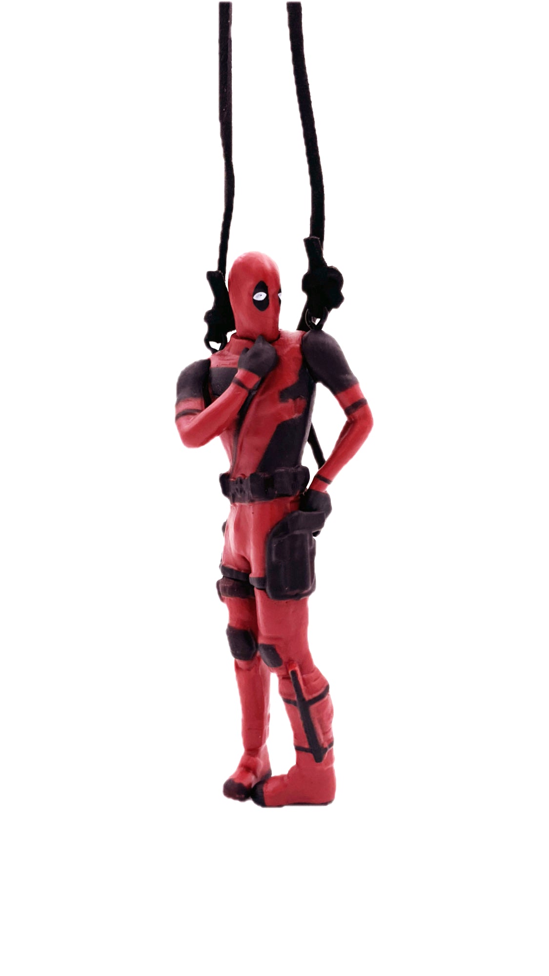 Personaggio Deadpool pensieroso all'impiedi, ciondolo per auto o allestimento, laccetto incluso