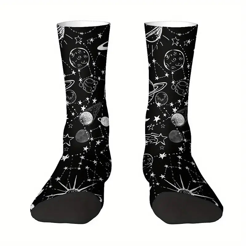 Calzini sistema solare socks Luna, Sole, stelle, costellazioni in bianco e nero, Saturno stampa personalizzata per idee regalo unisex