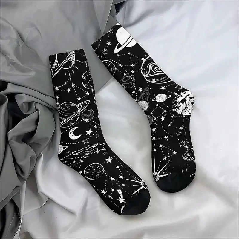Calzini sistema solare socks Luna, Sole, stelle, costellazioni in bianco e nero, Saturno stampa personalizzata per idee regalo unisex