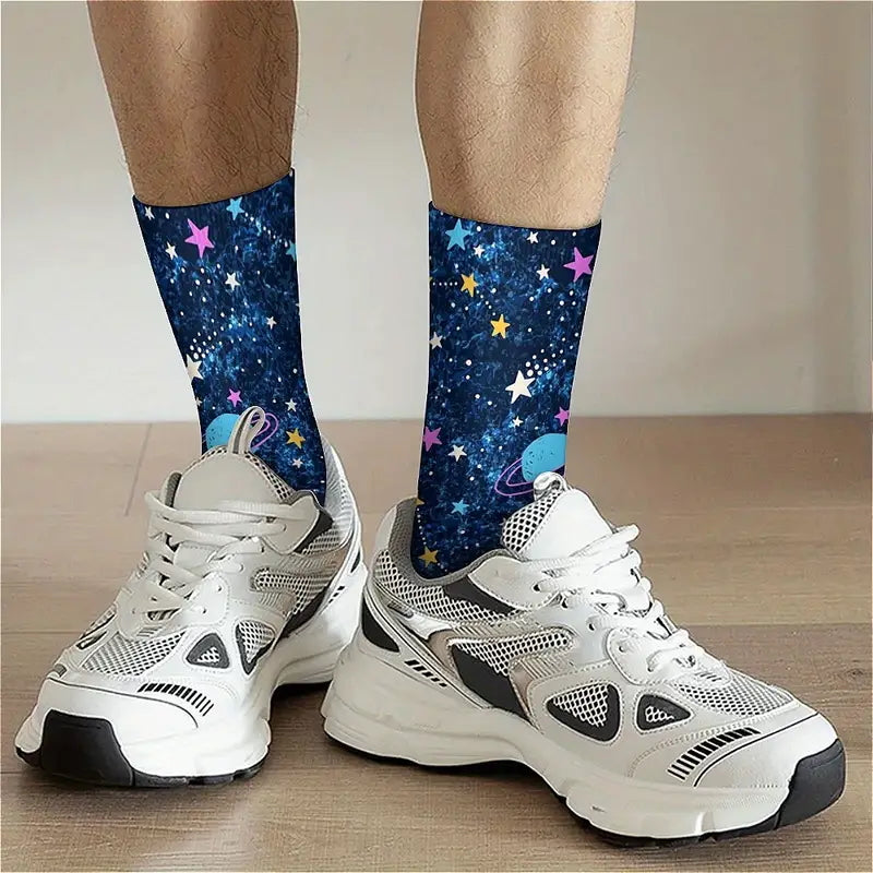 Calzini spazio colorato socks Saturno, stelle, luna, stampa personalizzata per idee regalo unisex