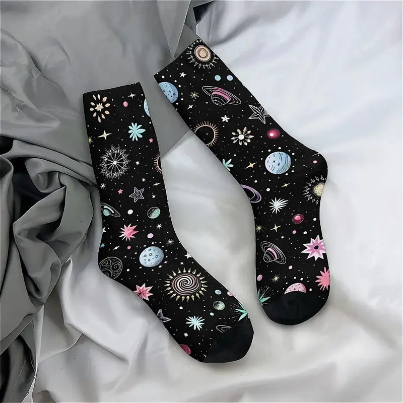 Calzini sistema solare Colorato socks Galassia con Saturno, Luna, Stelle, Sole, Spazio con stampa a colori personalizzata per idee regalo unisex
