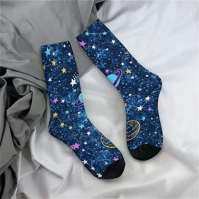 Calzini spazio colorato socks Saturno, stelle, luna, stampa personalizzata per idee regalo unisex