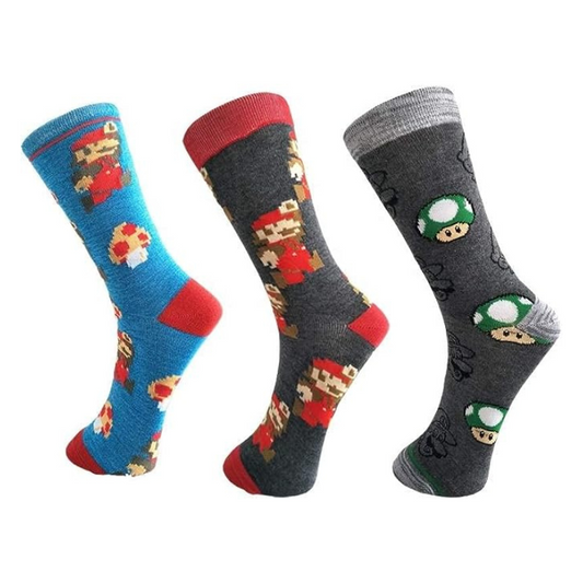 Socks from the video game "Super Mario Bros" featuring various Nintendo characters