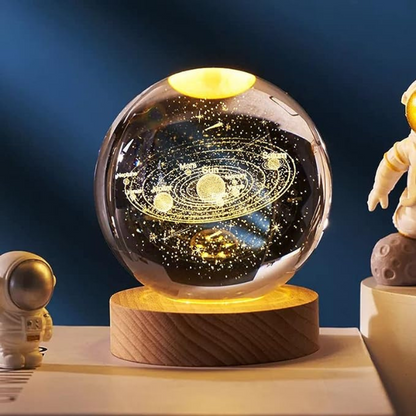 Large 3D crystal ball Solar System lamp, with base and USB led light, gift box included
