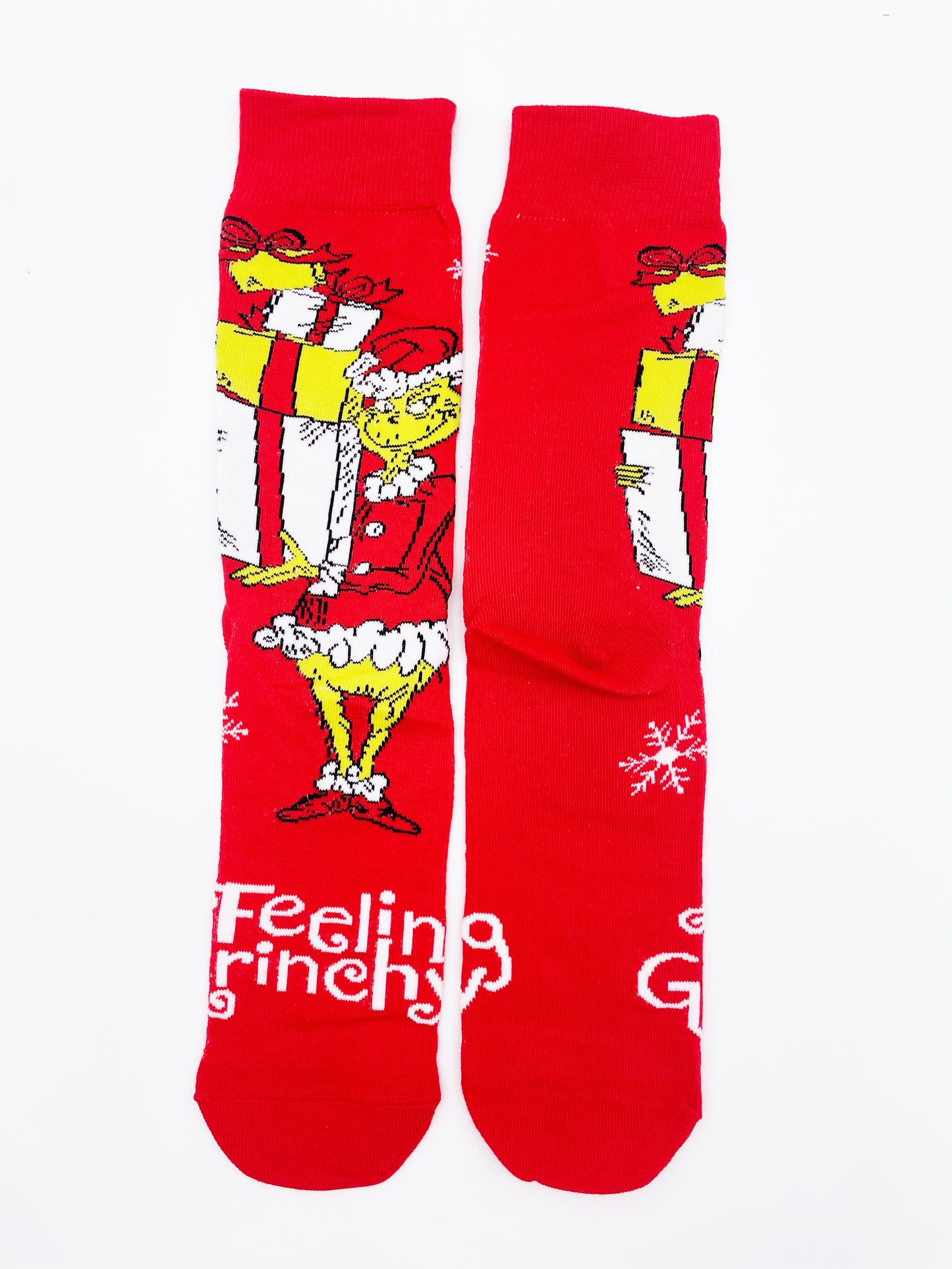 Calzini il Grinch con scritta Feeling Grinchy, natalizio, colore rosso cartone animato