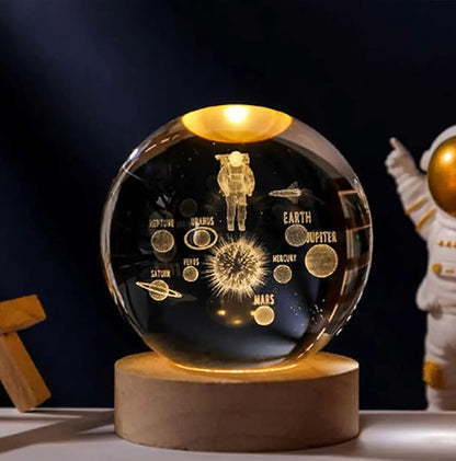 Astronaut and Solar System lamp 3D large crystal ball, with base and USB led light, gift box included