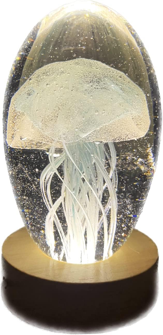 Lampada Medusa celeste tentacoli grandi, fosforescente 3d di cristallo grande, con base e luce a led, confezione regalo incluso