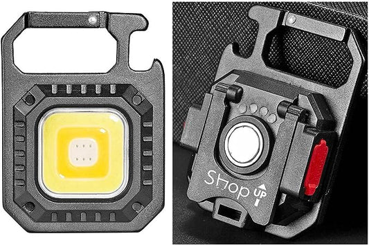 Torcia Led COB portatile con pratico moschettone, apribottiglie, luce fredda, luce calda e emergenza