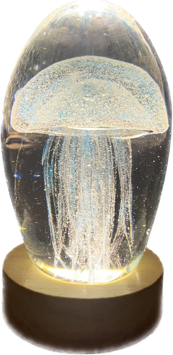 Lampada Medusa blu, fosforescente 3d di cristallo grande, con base e luce a led, confezione regalo incluso