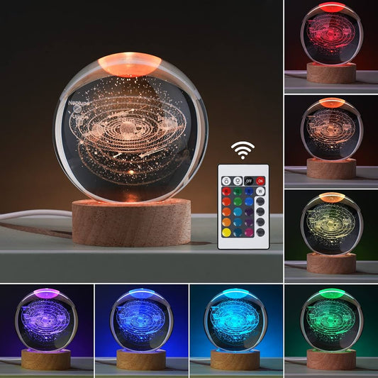 Lampada Sistema Solare 3D rgb colorato con telecomando sfera di cristallo grande, con base e luce colorata a led USB, confezione regalo inclusa