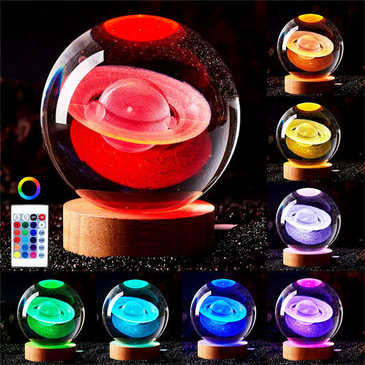 Lampada Saturno 3D rgb colorato con telecomando sfera di cristallo grande, con base e luce colorata a led USB, confezione regalo inclusa