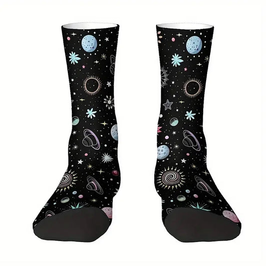 Calzini sistema solare Colorato socks Galassia con Saturno, Luna, Stelle, Sole, Spazio con stampa a colori personalizzata per idee regalo unisex