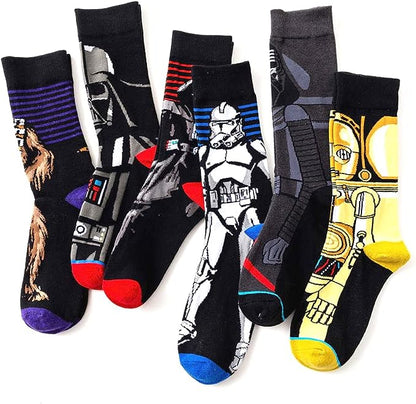 Socks from the movie "Star Wars" featuring various characters from Darth Vader to Chewbacca