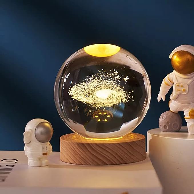 Lampada Galassia 3D sfera di cristallo grande, con base e luce a led USB, confezione regalo inclusa