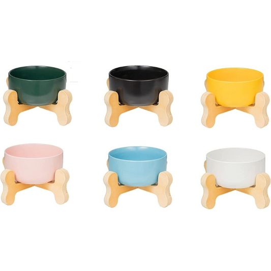 Ceramic dog bowl, wooden bone base, various colors