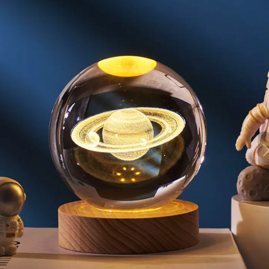 Lampada Saturno 3D sfera di cristallo grande, con base e luce a led USB, confezione regalo inclusa
