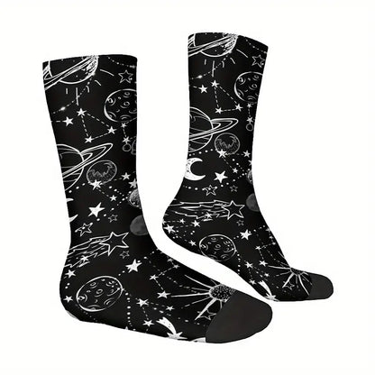 Calzini sistema solare socks Luna, Sole, stelle, costellazioni in bianco e nero, Saturno stampa personalizzata per idee regalo unisex
