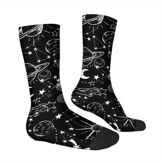 Calzini sistema solare socks Luna, Sole, stelle, costellazioni in bianco e nero, Saturno stampa personalizzata per idee regalo unisex