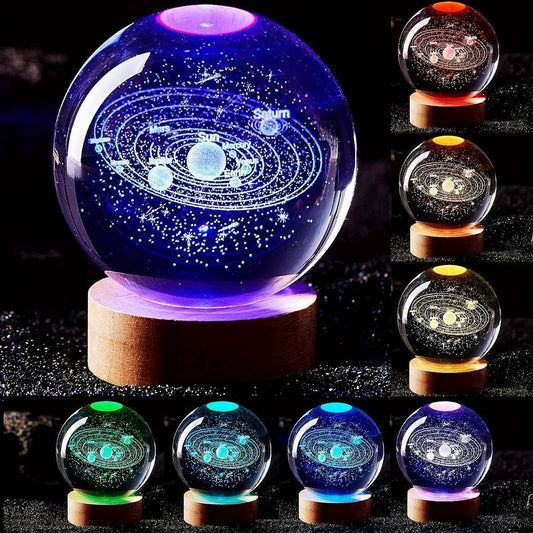 Lampada Sistema Solare 3D rgb colorato con telecomando sfera di cristallo grande, con base e luce colorata a led USB, confezione regalo inclusa