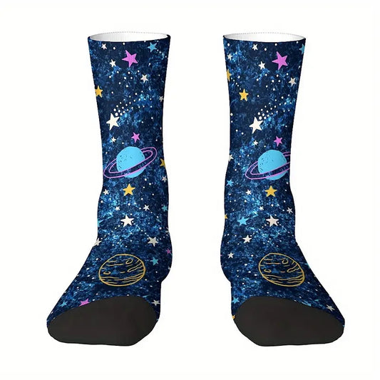 Calzini spazio colorato socks Saturno, stelle, luna, stampa personalizzata per idee regalo unisex