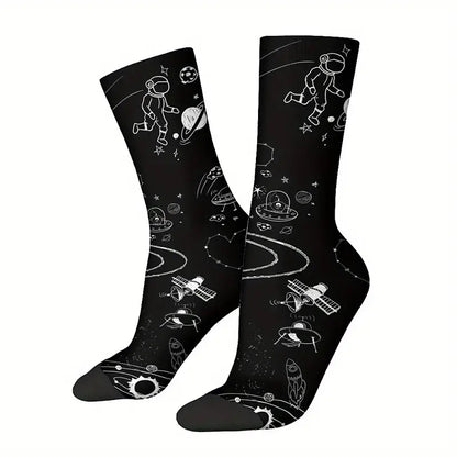 Calzini Giove con Astronauta con la Terra, astronave aliena, satelliti, socks Luna, Sole, stelle, in bianco e nero, Saturno stampa personalizzata per idee regalo unisex