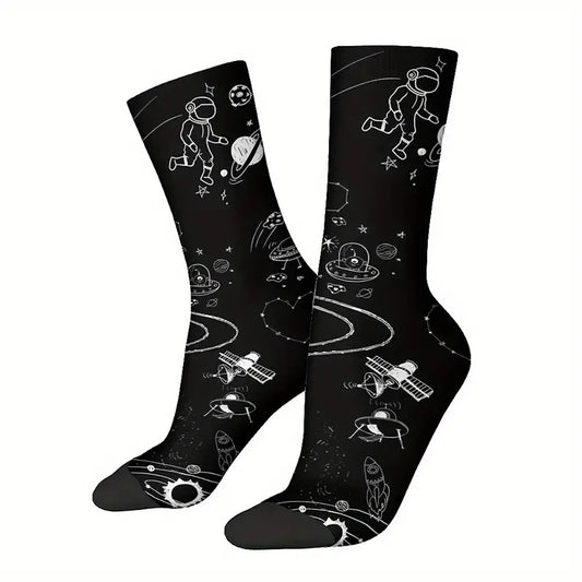 Calzini Giove con Astronauta con la Terra, astronave aliena, satelliti, socks Luna, Sole, stelle, in bianco e nero, Saturno stampa personalizzata per idee regalo unisex