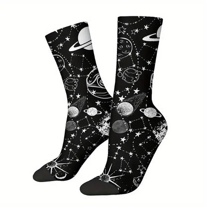 Calzini sistema solare socks Luna, Sole, stelle, costellazioni in bianco e nero, Saturno stampa personalizzata per idee regalo unisex