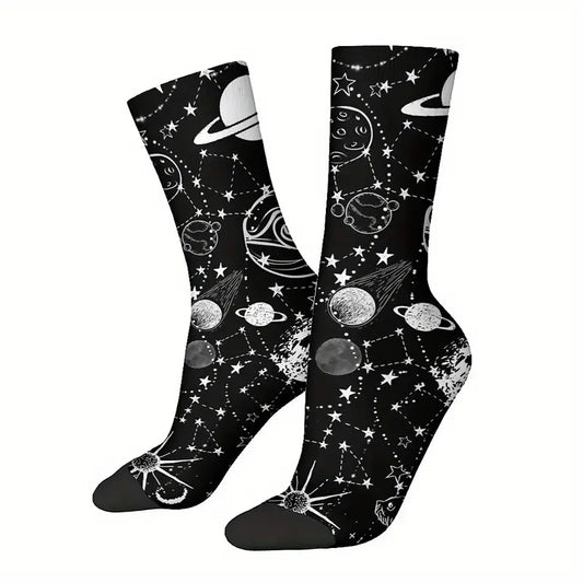 Calzini sistema solare socks Luna, Sole, stelle, costellazioni in bianco e nero, Saturno stampa personalizzata per idee regalo unisex