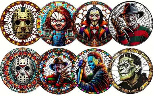 Sottobicchieri Colorati Horror set 8 Pezzi con personaggi Nightmare, Jason, Halloween, Frankenstein, Movie, per tè, poggia bustine, bevande, colazione, birra, idee regalo