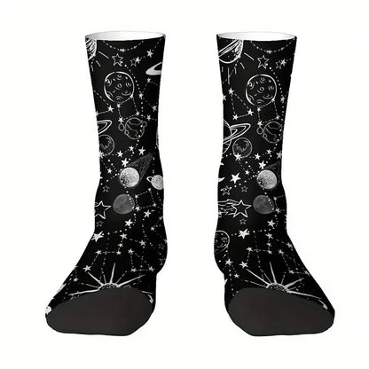 Calzini sistema solare socks Luna, Sole, stelle, costellazioni in bianco e nero, Saturno stampa personalizzata per idee regalo unisex