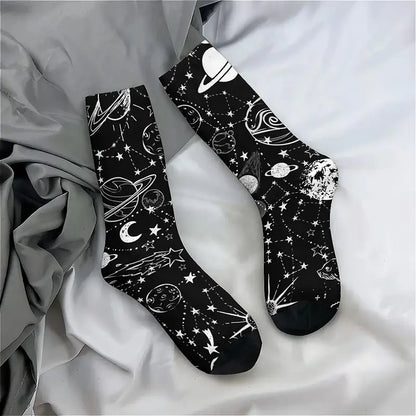Calzini sistema solare socks Luna, Sole, stelle, costellazioni in bianco e nero, Saturno stampa personalizzata per idee regalo unisex