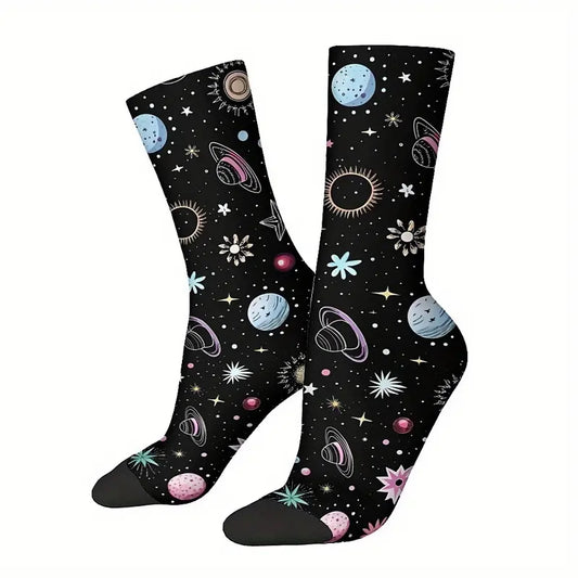 Calzini sistema solare Colorato socks Galassia con Saturno, Luna, Stelle, Sole, Spazio con stampa a colori personalizzata per idee regalo unisex