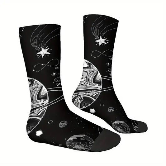 Calzini Giove con Astronauta con la Terra, astronave aliena, satelliti, socks Luna, Sole, stelle, in bianco e nero, Saturno stampa personalizzata per idee regalo unisex